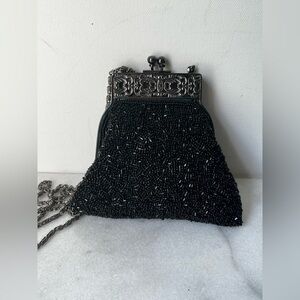 Vintage 80's Black Beaded Handbag with Silver Ornate Details by Cache party